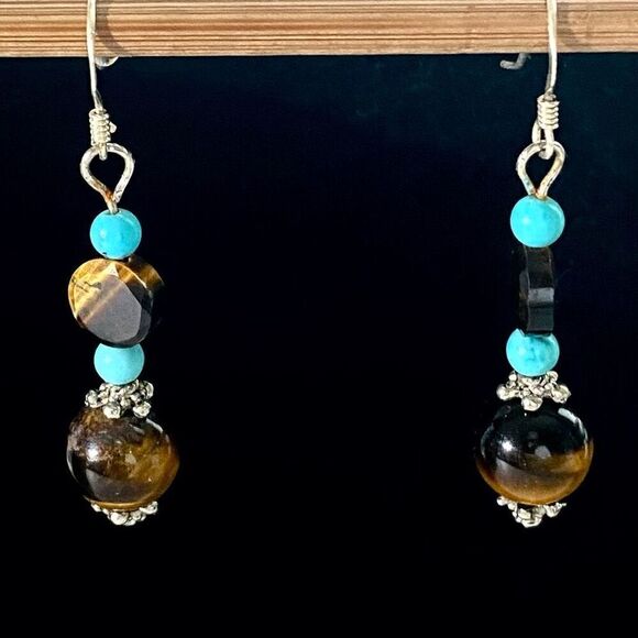 AJJ Sterling 1 3/4” Dangles with Tiger eye & Turquoue beads - Picture 2 of 7